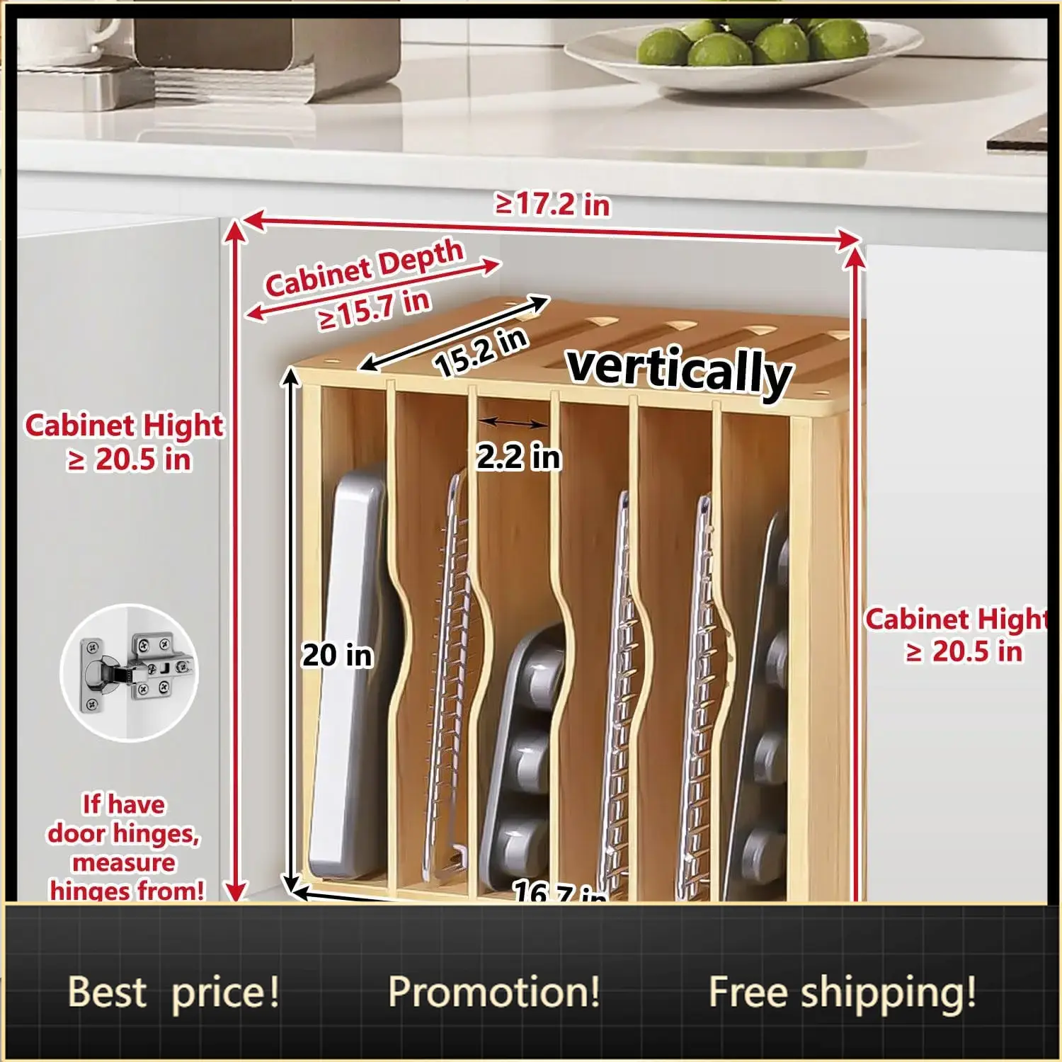 Kitchen Cabinet Baking Sheet Organizer - Divisori in Legno per Armadietti, Organizzatore